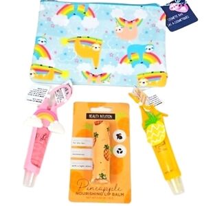 Gift Set 3 Lipglosses, 1 Sloth Rainbow Makeup Bag, Pineapple & Strawberry 🍍🍓